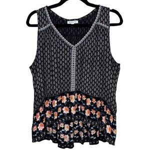 Patrons of Peace Flowy Black Tank Top Floral Print Boho Ruffle Large